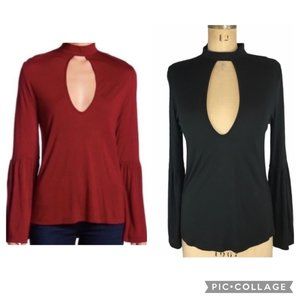 🌷 Haute Hippie Black Keyhole Mock Neck Bell Sleeve Top Size S